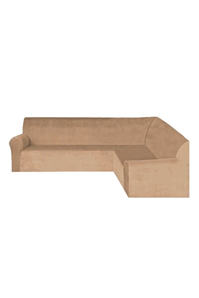 Evory Home أغطية كنب مخملية على شكل حرف L، طولها 5.5 متر، مقاومة للانزلاق وقابلة للتمدد بدرجة عالية، لون رملي