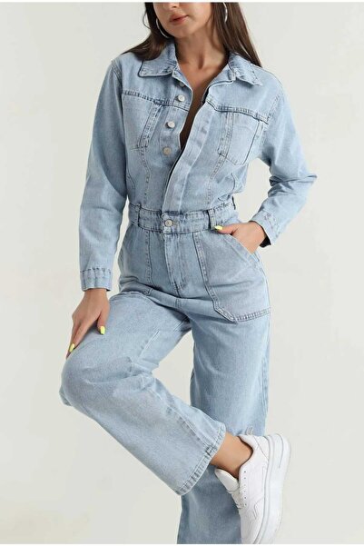 MissPul Kadın Premium Kalite Uzun kollu Düğmeli Salaş Salopet Tulum (buzmavi)