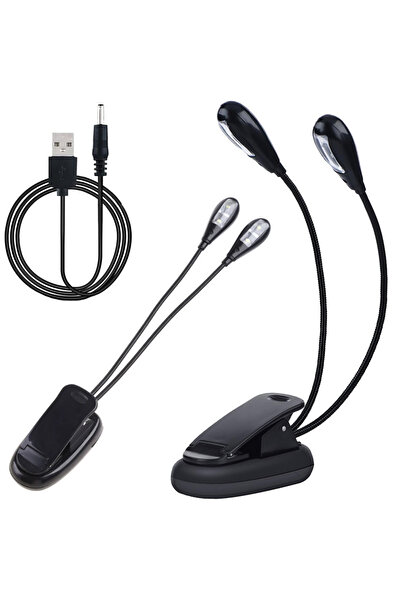 zola Double LED reading lamp, flexible arms, clamp mount, battery/USB powered, plastic