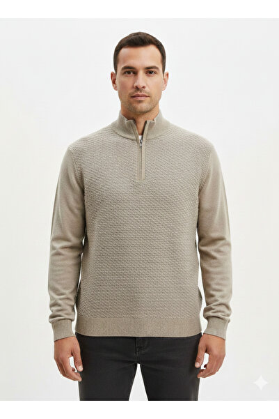 venüsdijital Half Fishbone Collar Zippered Honeycomb Textured Knitwear Sweater