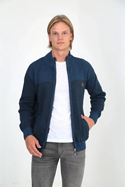 Zerenyus سترة تريكو رجالية بسحاب وياقة عالية - أزرق