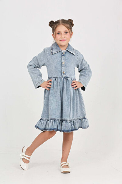 MODANINO Rochie din denim pentru fetiță, cu pliuri și guler cămașă 12468