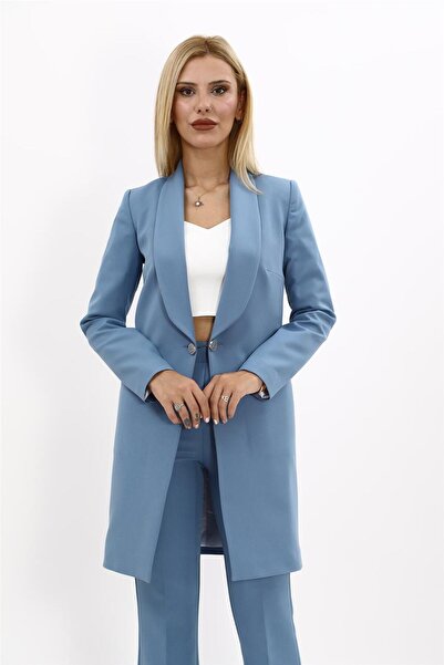 ÖNDER ÖZSOY معطف طويل للنساء المحجبات مع ياقة شال وجيب - لون بحري