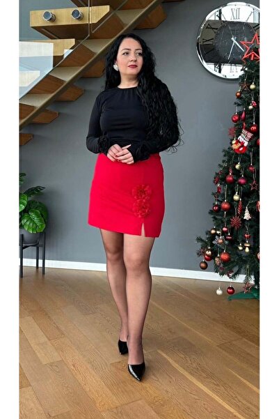 Vio Moda Büyük Beden Gül Broşlu Şort Etek