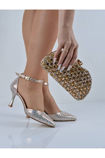 Şanslı Ayakkabıcılık Gold Plated Stone Band Champagne Heeled Evening Dress Sh...