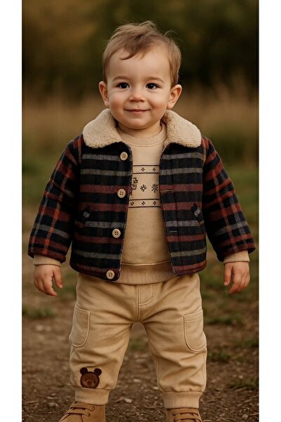 BY TUNA DESİGN Baby Boy Set with Plaid Jacket Fleece Lined Casual Combination