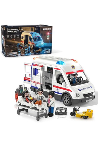 KARSAN مجموعة سيارة إسعاف للعب مع الصوت والضوء - سقف وأبواب قابلة للفتح، 4 شخ...