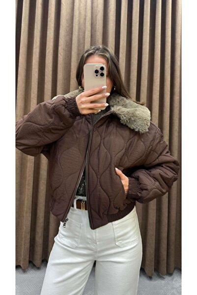 Maysa POSEY KÜRK DETAYLI KAPİTONE MONT-KAHVE