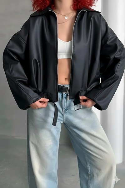 Orions Collection Luvren PB Oversize Bomber Kemerli Deri Ceket
