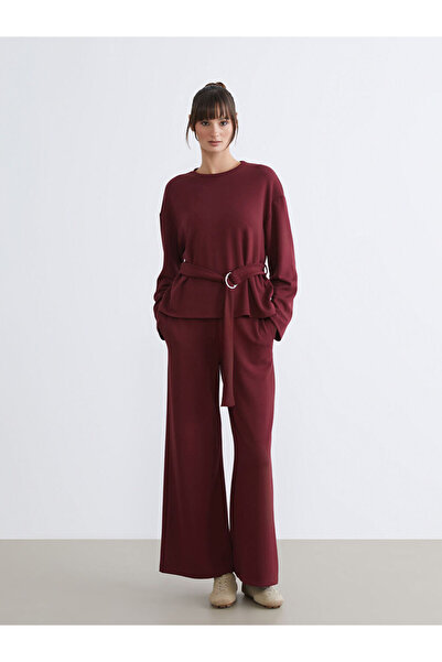 LC Waikiki Burgundy Wide Leg Women's Trousers with Elastic Waist