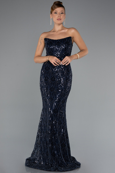 Abiyefon Lacivert Straplez Yaka Boncuklu Uzun Abiye Elbise ABU5345