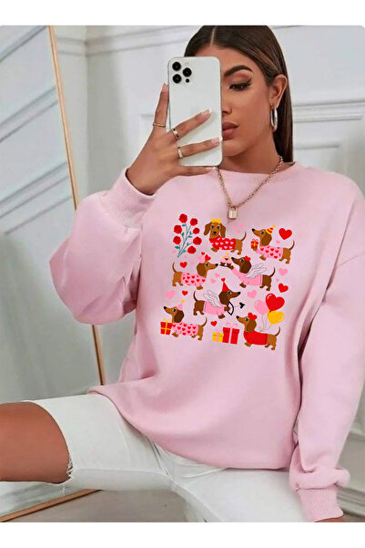 SUNFREE Dog Printed Oversized Cotton Circular Neck Pink Sweatshirt