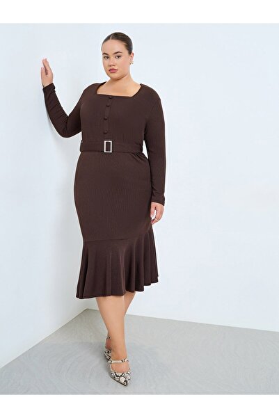 Styli Plus Size Long Sleeves Ruffle Hem Midi Dress