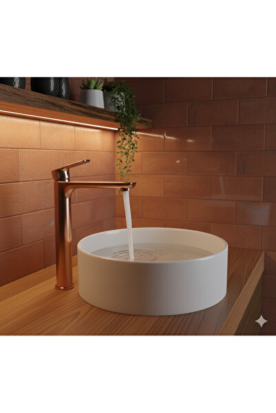 KAVİTİCARET Rose Gold Lüks Çanak Lavabo Bataryası, Yüksek Tip Banyo Lavabo Mu...