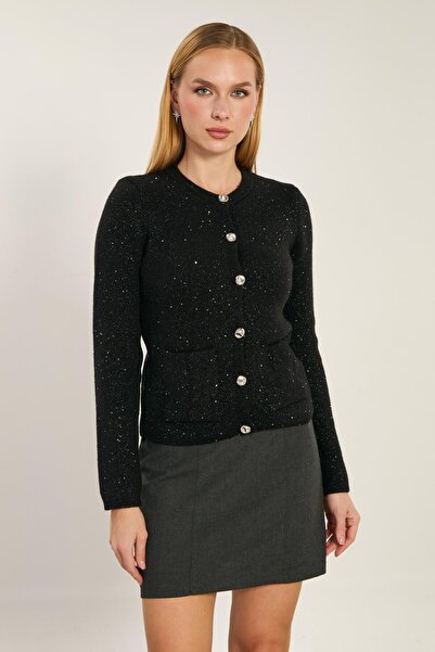BARRELS AND OIL Women's Double Pocket Glitter Knit Cardigan - Black
