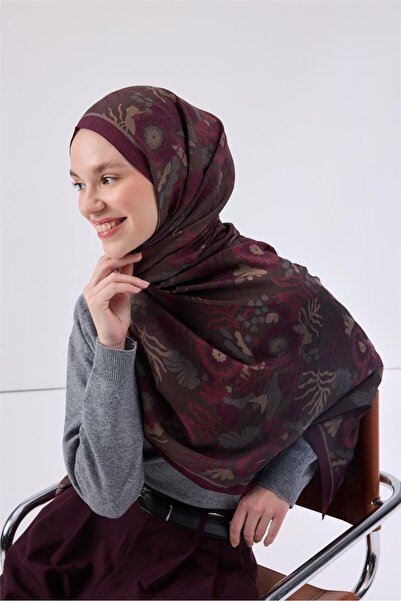 Silk Home Viscose Blend Mayda Shawl Dark Mink-Cherry Patterned Tok Duruşlu 190X70