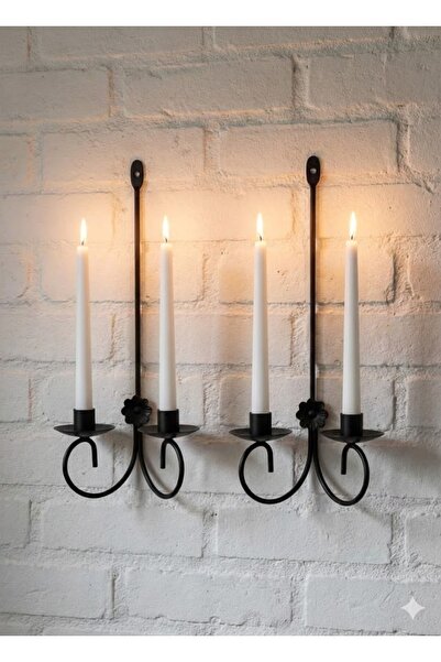 Samsun Demsa Demir Ferforje DLY Dekoratif Ferforje Duvar Mumluk Siyah Metal Aplik Şamdan 2'li Set
