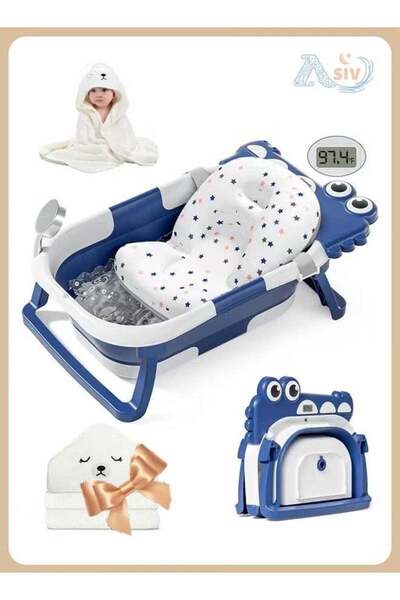 ASIV طقم حوض استحمام قابل للطي للأطفال (ميزان حرارة + حصيرة عائمة + منشفة بغط...