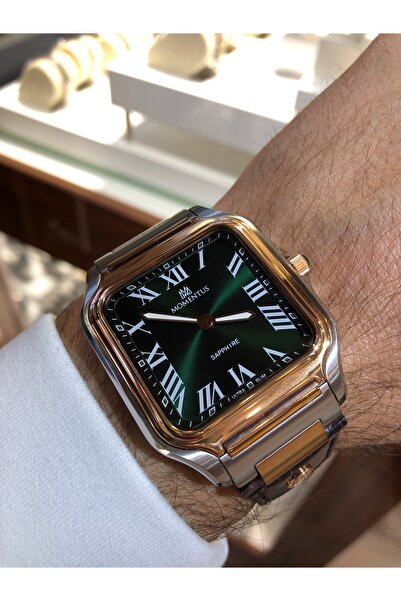 Momentus ساعة يد رجالية من الفولاذ والزجاج الياقوتي مقاومة للماء بمشبك على شكل فراشة وحزام جلدي رفيع مربع الشكل