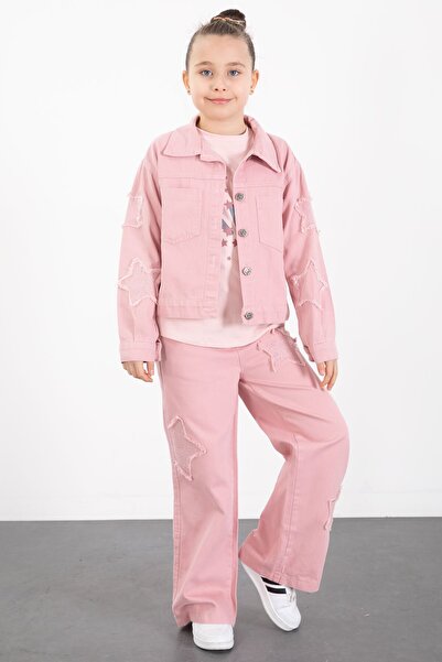 Cansın Mini Pink Sleeves Star Stone Jean Jacket Girls' 3-Piece Bottom Top Set 23424
