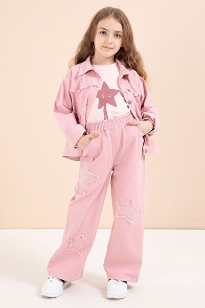 Cansın Mini Set pentru fete din 3 piese cu jachetă din denim brodat cu stea de piatră roz și pantaloni 23435