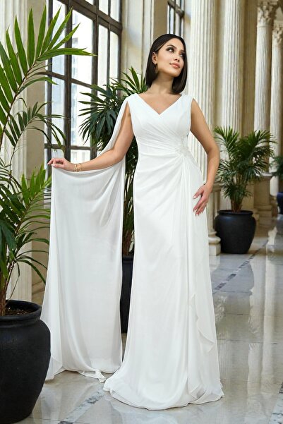 BDR COMPANY KOLSUZ V YAKALI OMUZDAN SARKAÇLI BELİ APLİKLİ ŞİFON NİKAH -NİŞAN ...