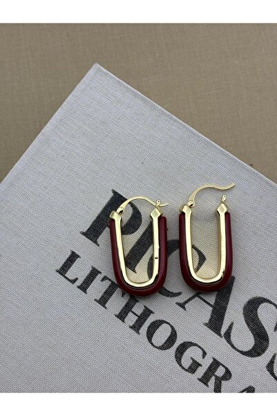 Hedef Bijuteri U Model Bordo Renkli Kemik Reçine Tasarım Küpe