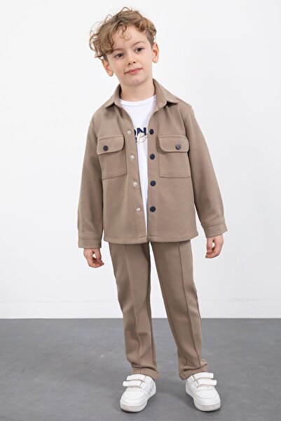 Cansın Mini Boy's 3-Piece T-Shirt Set with Brown Snap Button Shirt 23382