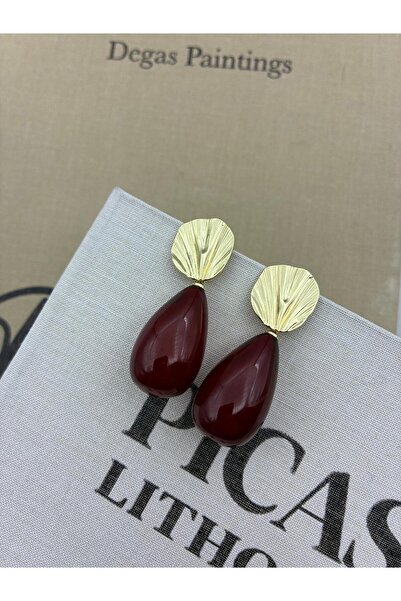 Hedef Bijuteri Damla Model Bordo Gold Deniz Kabuğu Detaylı Sallantılı Kemik R...