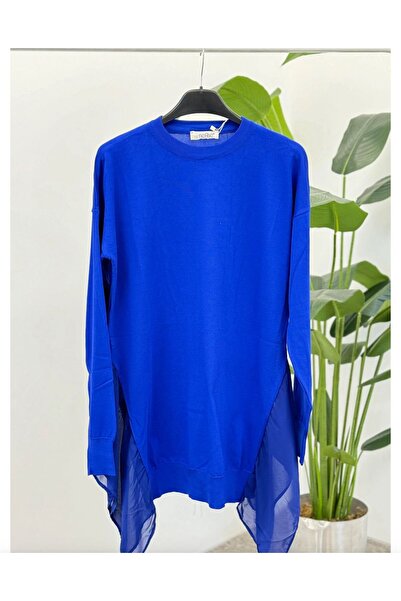 Butik tül detaylı tunik saks mavisi