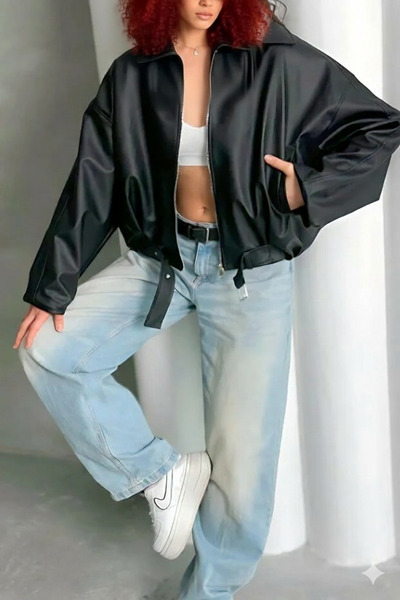 Orions Collection سترة جلدية من Luvren PB قصة فضفاضة بحزام