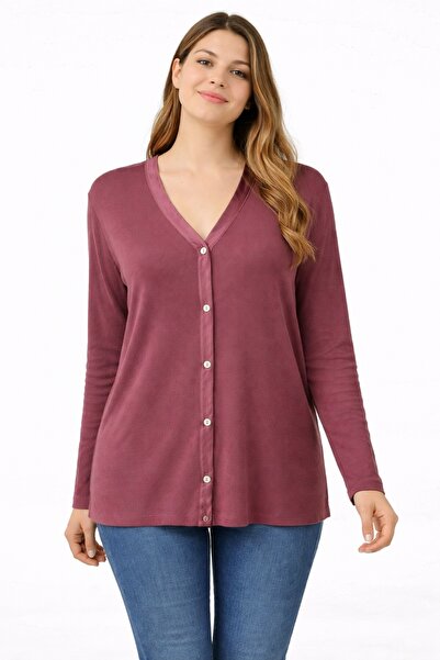 Şans Women's Plus Size Dusty Rose, Satin Piped Detail Ribbed Knit Cardigan 65N39276