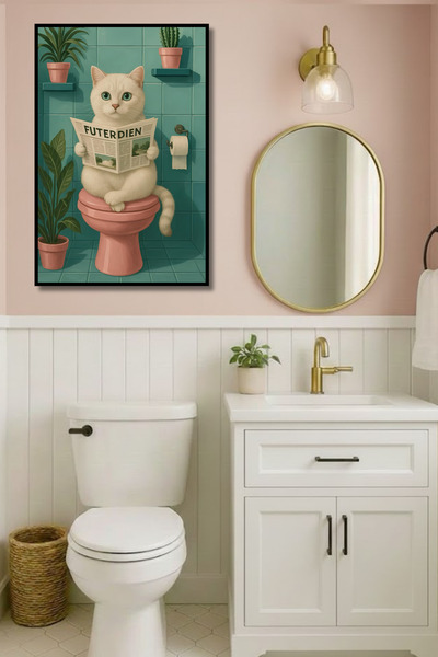 ERUMAR HOME Lavabo Dekoru Gazete Okuyan Beyaz Kedi Duvar Tablosu Çerçeve Görü...