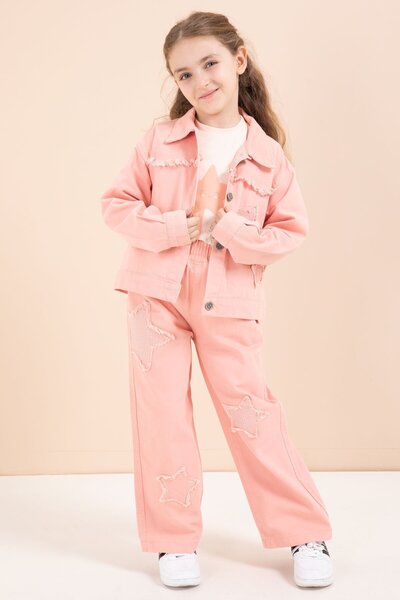Cansın Mini Salmon Stone Star Embroidered Jean Jacket and 3-Piece Pants Set for Girls 23437