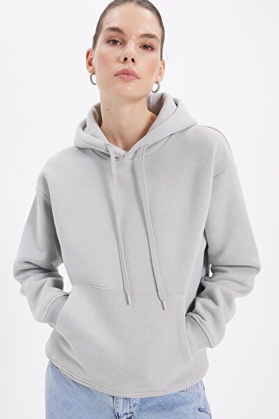 Tudors Women's Oversized Wide Cut Cotton Soft Textured Fleece Inside Basic Cream K Hooded Sweatshirt