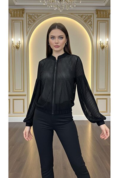 Eight Fashion Women's Flock Printed Balloon Sleeve Front Zipper Jacket Bomber