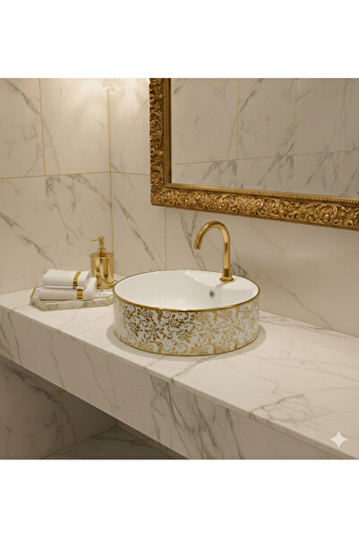 KAVİTİCARET Gold Detaylı Oval Lavabo Taşı, Desenli Banyo Lavabosu (40x40x14)
