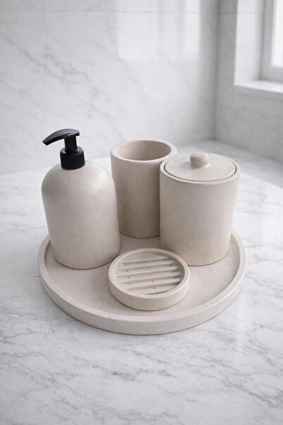 Liva Home Life 6 Parça Beton Banyo Seti Sıvı ve Katı Sabunluk Pamukluk Diş Fı...