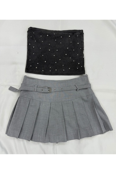 MACMEE Gri pileli şort etek