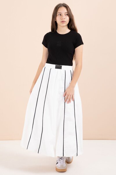 Cansın Mini White Striped Balloon Skirt Short Sleeve Bodysuit 2-Piece Girl's Set 23460