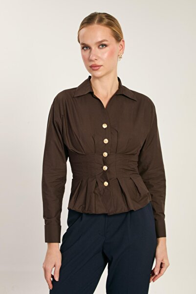 BARRELS AND OIL Cămașă de damă cu nasturi aurii - Maro