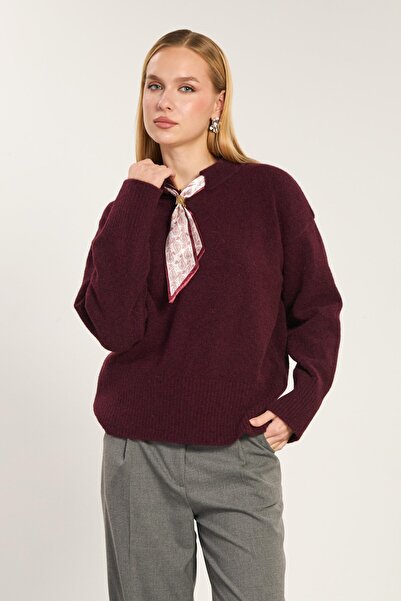 BARRELS AND OIL Women's Collar Scarf Detailed Knitwear Sweater - Burgundy