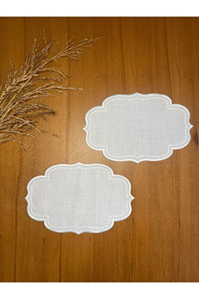 Smiling Home 2 Pieces Linen Ecru Color Beaded Simay Patterned Tray Cover