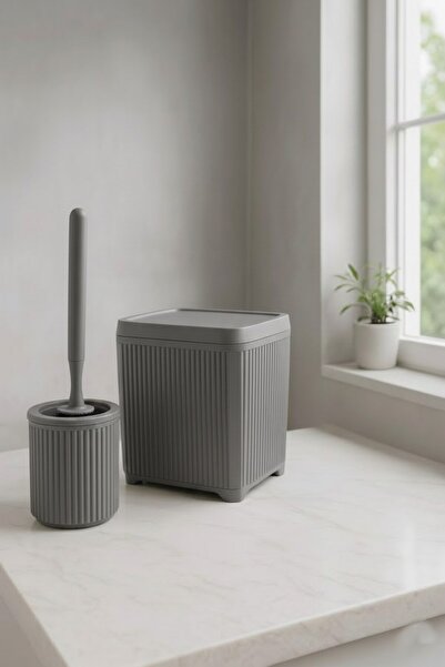 Sas Haus طقم حمام من سلسلة لاينز باللون الرمادي، سلة مهملات أكريليك مكونة من قطعتين سعة 5 لتر 3078