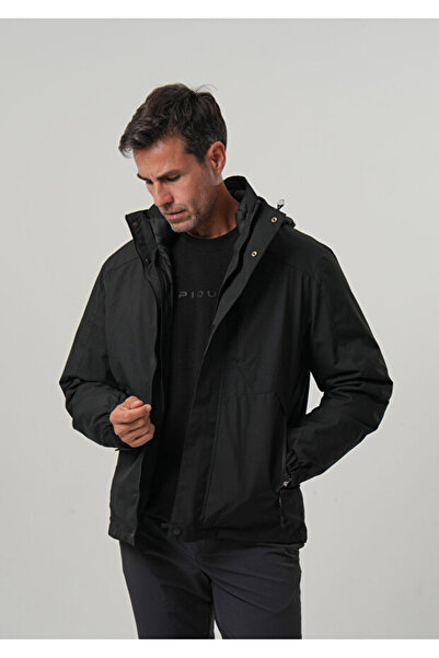 PIQUE Erkek Siyah Mont Su İtici Yağmurluk , Şişme Mont , Kalın Kaban 3 in 1 Mont Seti