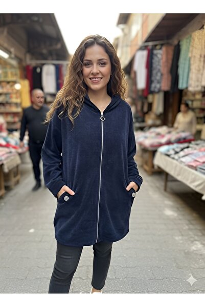 AGORATEKSTİL Women's Original Italian K Hooded Zippered Double Pocket Velvet Jacket