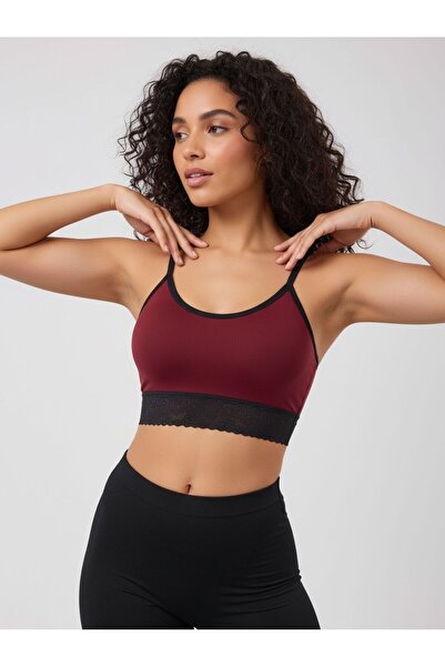 MİSTİRİK Penitro Model Six Lace Soft Fabric Thin Strap Padded Women's Bra Burgundy Color
