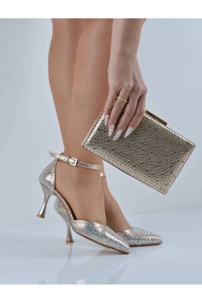 Şanslı Ayakkabıcılık Gold Plated Stone Band Champagne Heeled Evening Dress Sh...