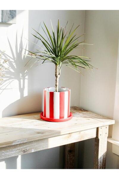rilind El Yapımı Kırmızı Beyaz Çizgili Dekoratif Saksı El Boyaması Vintage Minimal Modern Bohem