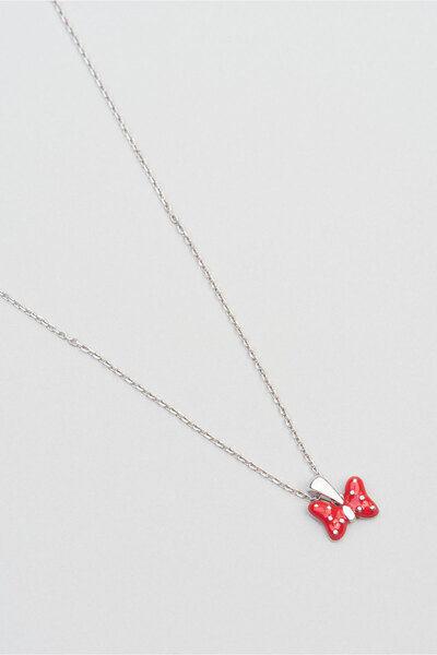 So CHIC... Kırmızı Fiyonk 18 Ayar Beyaz Altın Kaplama Gümüş 33 Cm Çocuk Kolye